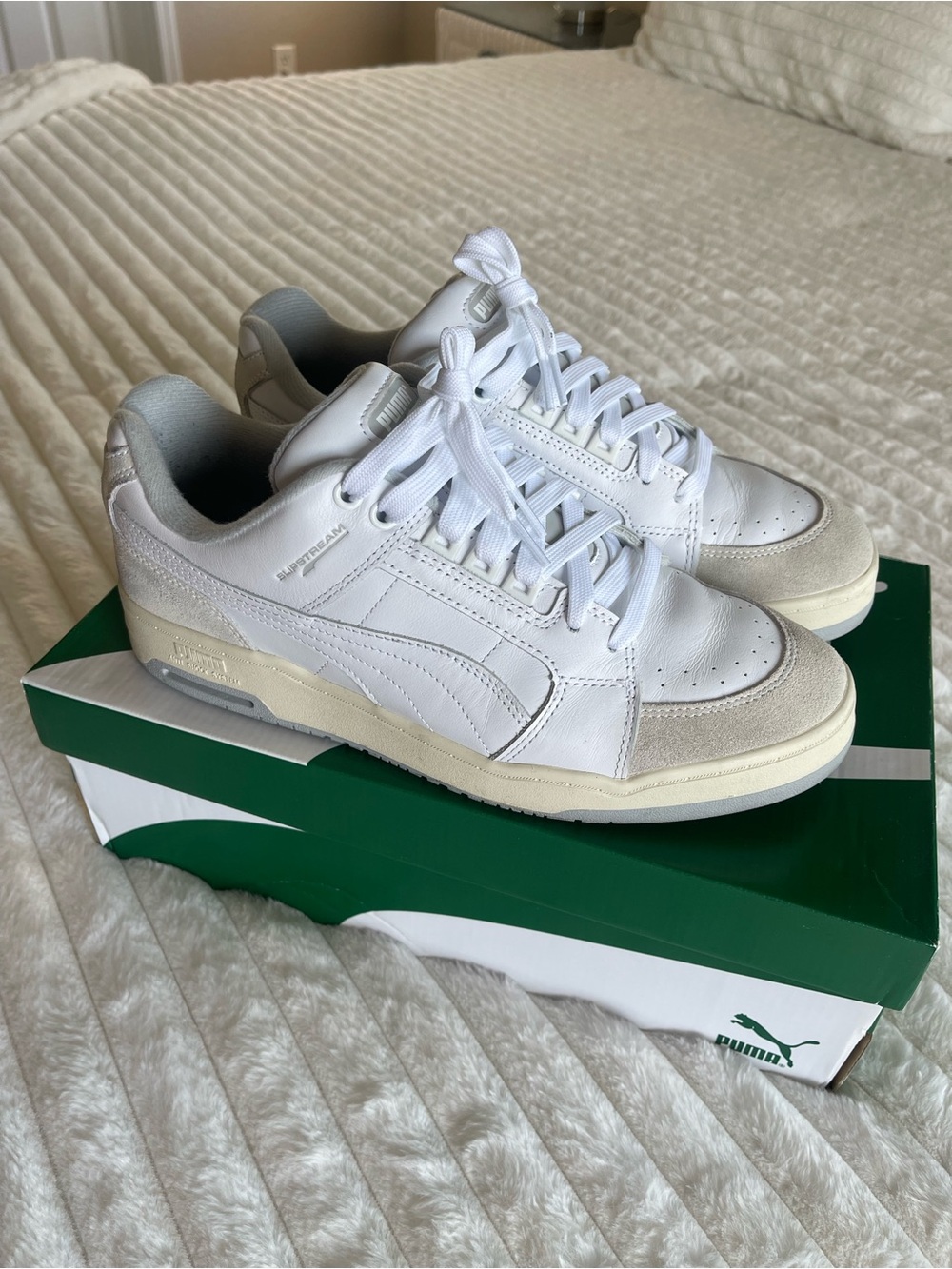 Puma Men’s White Leather Low-Top Sneakers with Light Gray Suede